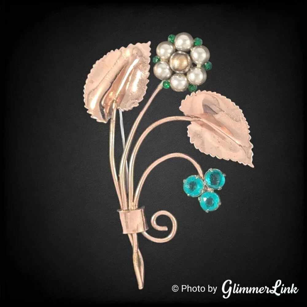Vintage Rose Gold Tone Floral Spray Brooch Faux Pearl Green Rhinestone 1940s 50s